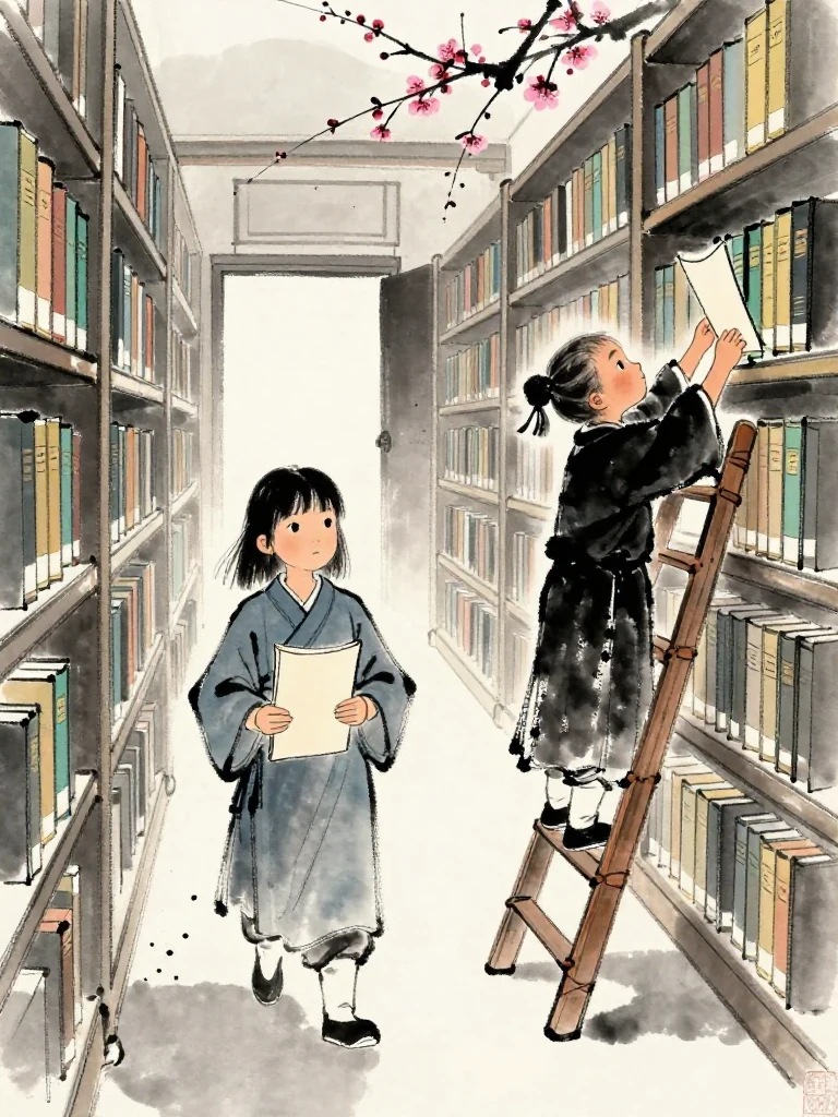 진소운 enters the quiet archive corridor carrying a thin blank folio while 윤채 balances on a small ladder and sorts closed bound volumes along a high shelf. Dry dust hangs in a narrow shaft of light, and both figures pause as the corridor bends toward a darker sealed doorway.
