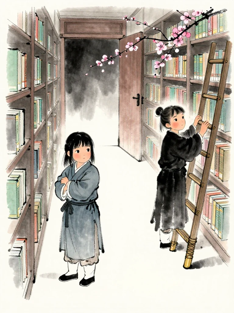 진소운 hugs the blank folio more tightly and takes one curious step toward the dark end of the archive corridor. 윤채 turns sharply from the ladder and raises a stopping palm, loose dust falling from a closed bound volume. A sealed wooden doorway waits beyond the narrow shelves.