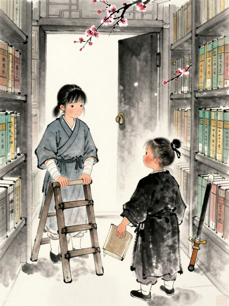 진소운 stands beside the small ladder with a bandaged hand resting over the blank folio while 윤채 descends with a closed bound volume pressed to ink-stained fingers. Their cautious introduction unfolds between crowded shelves, with the sealed archive doorway and a cold seam of air behind them.