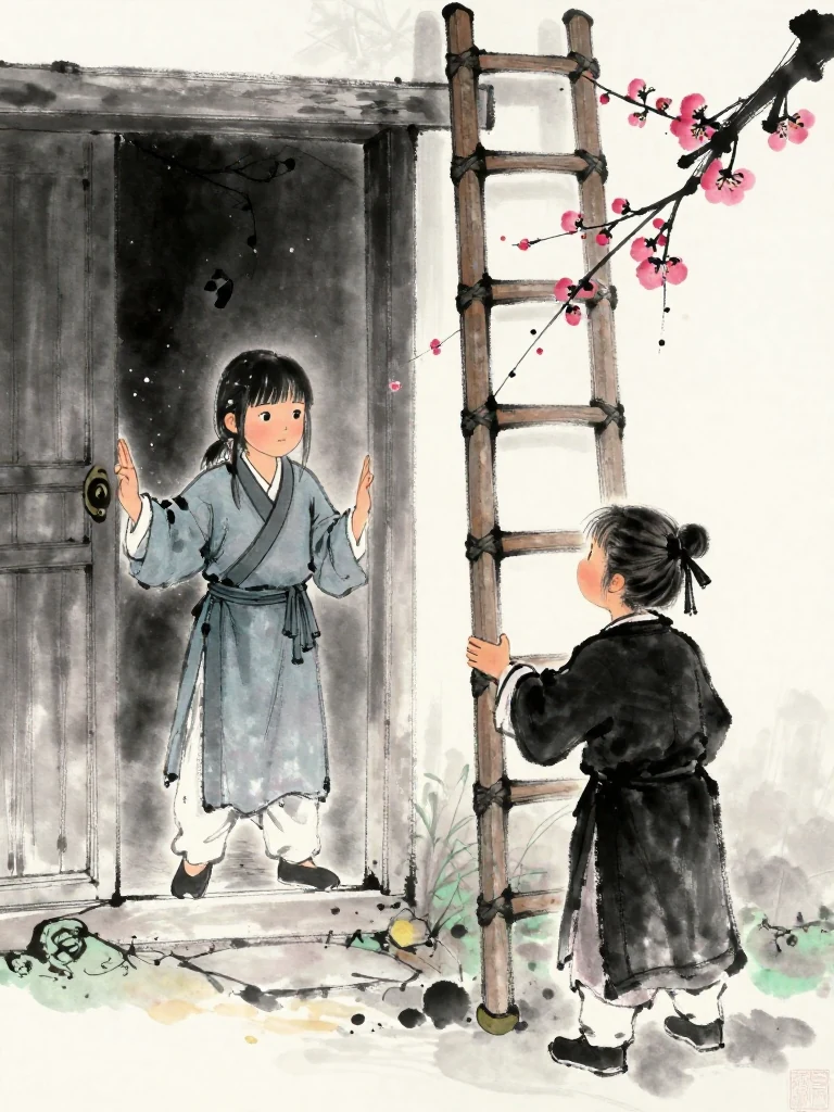 진소운 presses one hand protectively against the robe as cold air slips from the sealed doorway. 윤채 stiffens beside the ladder and follows the same gaze toward a black plum motif fixed inside the narrow opening, one petal-shaped space missing from its dark arrangement.