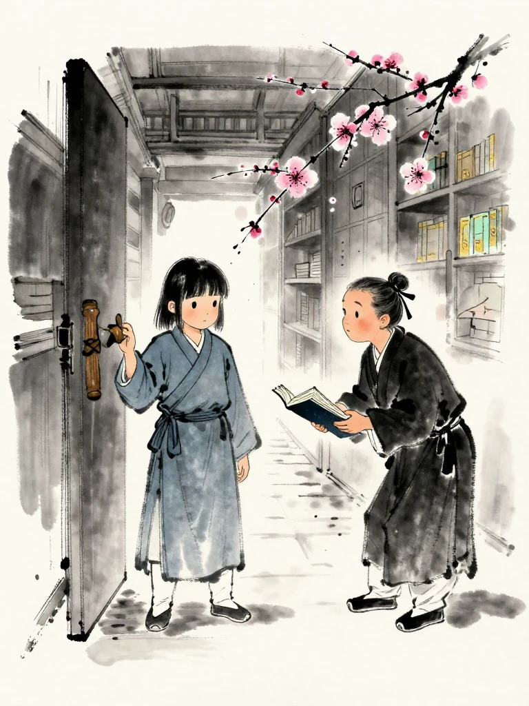 진소운 faces the sealed archive doorway with one hand still over the concealed object beneath the robe. 윤채 lowers a closed bound volume and leans closer with urgent caution. The corridor narrows around dusty shelves, while a cold draft carries an old plum scent from the dark seam.