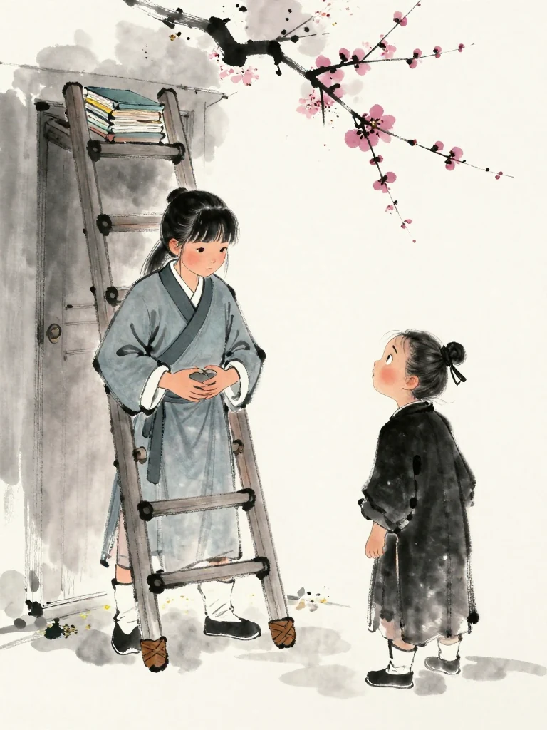 진소운 withdraws the trembling hand from inside the robe while keeping the hidden object covered. 윤채 stands beside the ladder with shoulders drawn inward, then meets the smaller figure's frightened gaze. Dust, closed volumes, and the sealed doorway hold their shared uncertainty in a thin cold draft.
