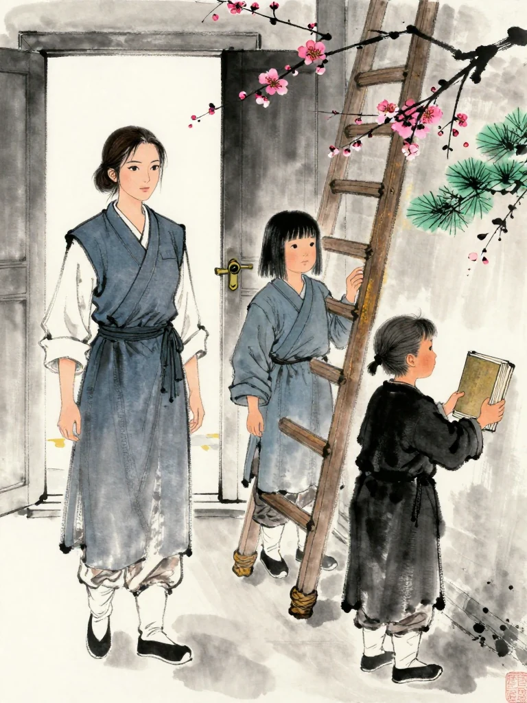 유설화 arrives at the far end of the archive corridor with rigid posture and a direct stare. 진소운 turns from the sealed doorway and keeps both hands clear of the robe, while 윤채 clutches a closed bound volume beside the ladder. The cold draft divides the three figures.