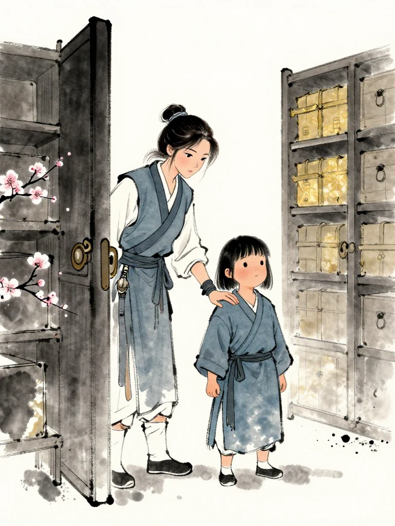 유설화 studies the guarded hand resting over 진소운's robe and then shifts attention toward the sealed archive doorway. The smaller figure stands squarely beneath that examination, claiming the concealed object through protective posture. Close shelves, dry dust, and a fading cold draft sharpen the measured warning.