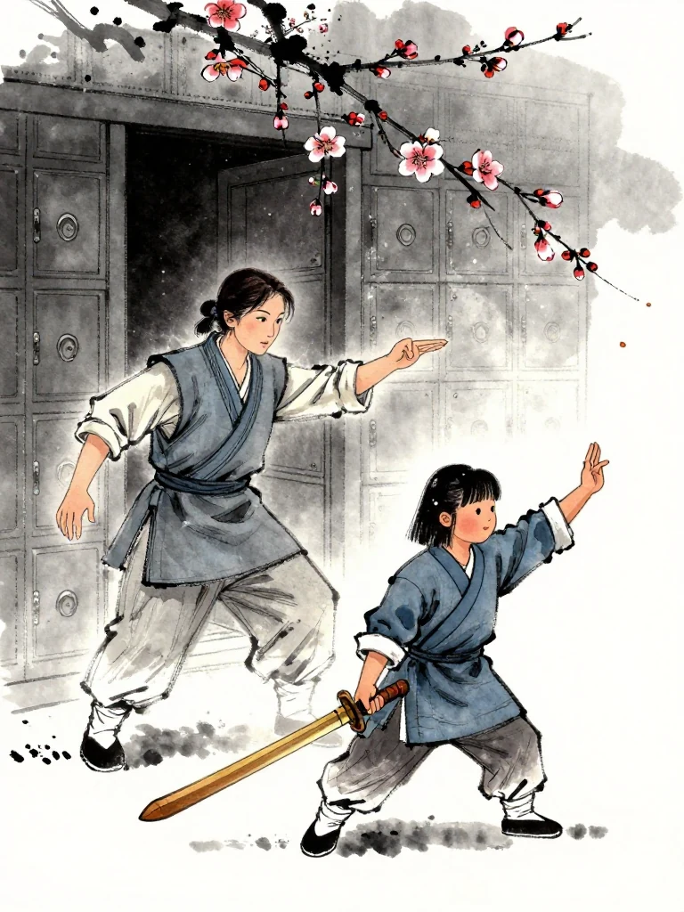 유설화 demonstrates a low descending motion with an empty hand beside the sealed archive doorway. 진소운 mirrors that falling arc with a bare wrist, fingers shaped around an imagined wooden practice sword. Dust drifts from the shelves as the forbidden plum motif becomes a physical lesson in restrained movement.