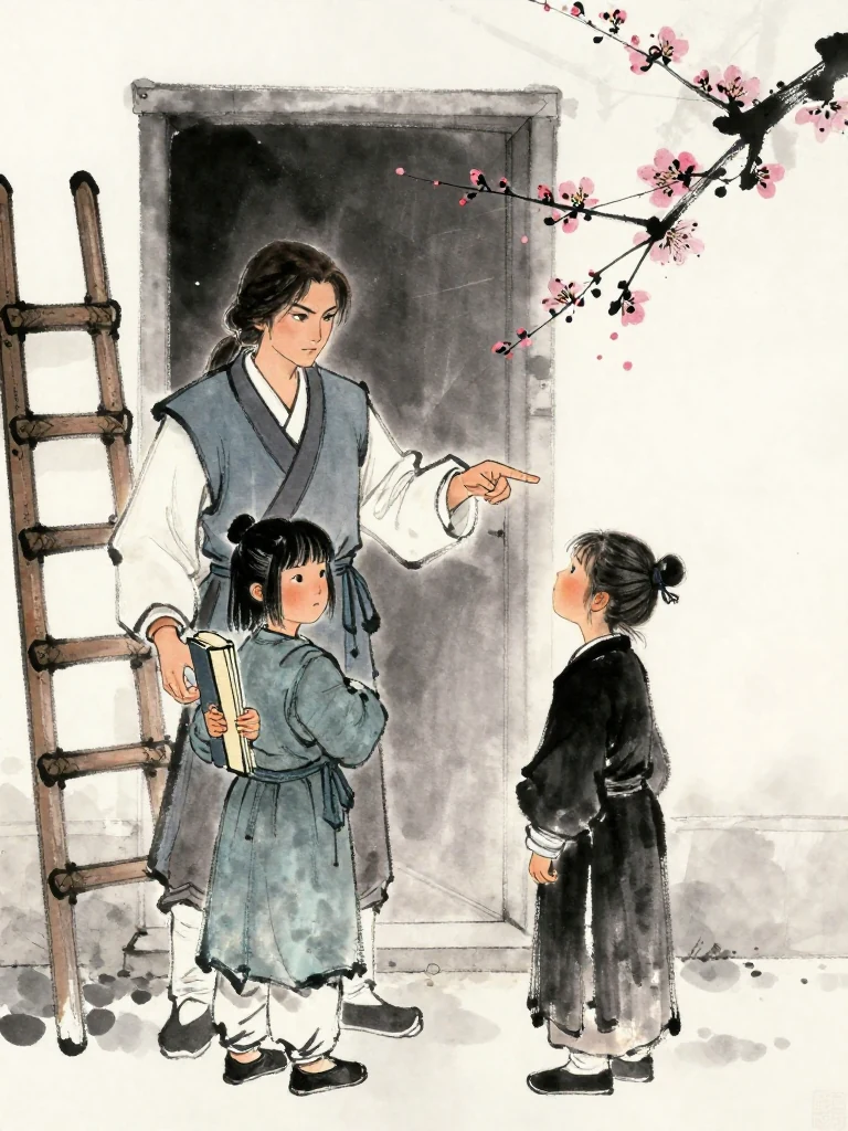 유설화 turns a severe gaze toward 진소운 and indicates a blank folio with one precise finger. 윤채 hugs a closed bound volume beside the ladder, lips pressed tight after a quiet disclosure. The sealed doorway remains behind them, its dark plum motif reduced to an obscured shadow.