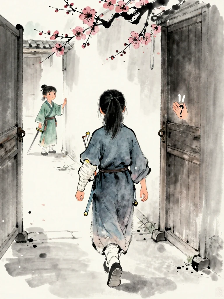 진소운 walks away through the narrow archive corridor with the delivered folio tucked beneath one bandaged arm. At the corner, the smaller figure looks back toward the sealed wooden doorway and presses a thumbnail into the opposite palm, preserving three linked questions through touch and a remembered low sword arc.