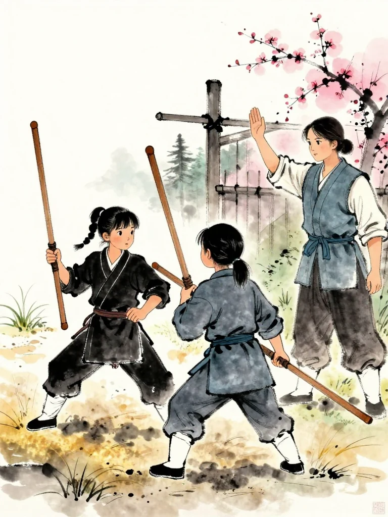 마연 drives a wooden practice sword toward 진소운's shoulder as the smaller fighter retreats across packed summer earth with a matching worn wooden sword. 유설화 raises one hand at the yard boundary to award the opening point. Heat, dust, and the struck shoulder make the first exchange immediate. Setting: 백년수련장. Visible objects: 낡은 목검.