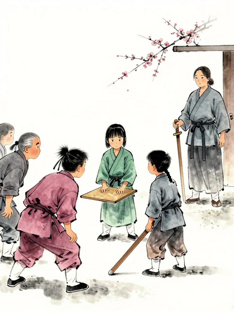 곽준 leans forward among the spectators, waiting for a fall, while 한도원 clutches a small training board with worried focus. 임도혁 stands at the formal disciple row with a long wooden sword planted upright. 서미진 observes from the infirmary doorway, fingers poised to stop the distant match. Setting: 백년수련장.