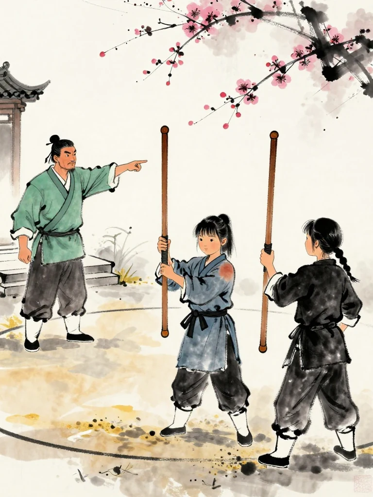 백무한 points toward the third step from a distant edge of the yard. 진소운 lifts the worn wooden practice sword and resets a bruised shoulder, while 마연 turns briefly toward the interruption before raising another wooden sword. Packed earth and a wide sparring circle hold the tactical pause. Setting: 백년수련장. Visible objects: 낡은 목검.