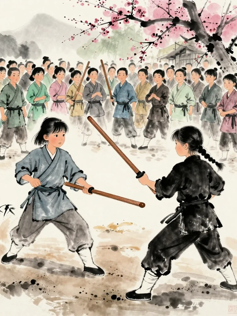 진소운 reacts to an opening feint with the worn wooden practice sword drawn toward the wrong side. 마연 advances through a second quick step, matching wooden weapon held ready for the hidden third attack. Their feet cut opposing arcs across packed earth as the training yard crowd tightens around the exchange. Setting: 백년수련장. Visible objects: 낡은 목검.