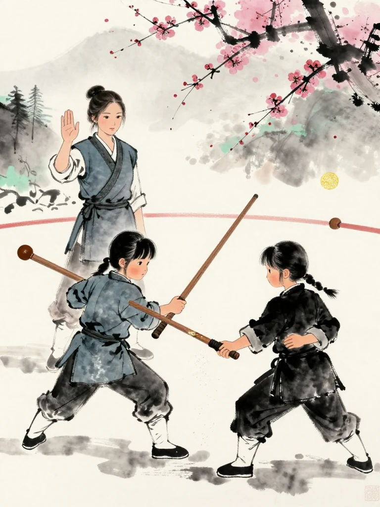 유설화 raises a stopping hand beside the sparring circle. 진소운 retreats on the third step and drops the worn wooden practice sword into a low partial defense, while 마연's wooden strike catches the peeling grip and reopens one palm. Dust hangs over their incomplete balance. Setting: 백년수련장. Visible objects: 낡은 목검.