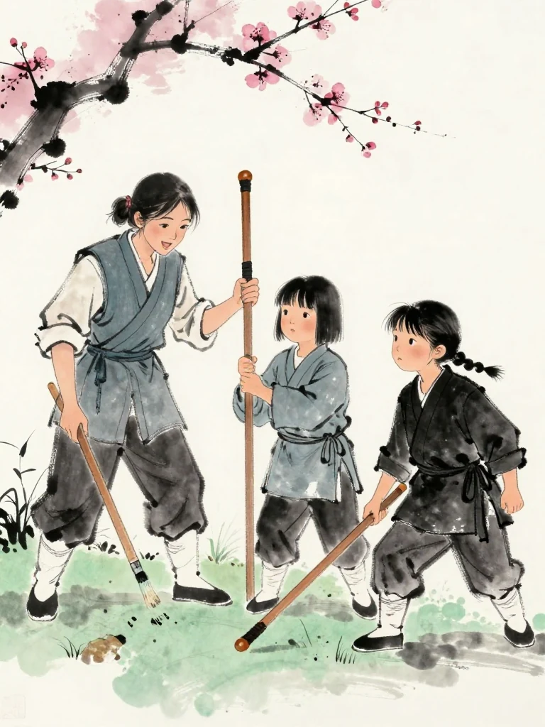 유설화 lowers a brush toward a blank folio at the yard edge while 진소운 steadies the worn wooden practice sword and smiles through labored breath. 마연 steps closer with a puzzled look and a lowered wooden weapon. The accepted partial defense lingers in their uneven stances. Setting: 백년수련장. Visible objects: 낡은 목검.