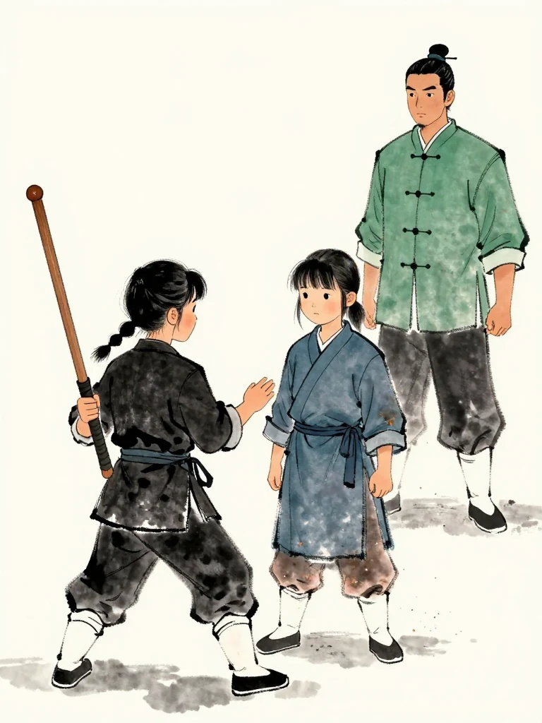마연 studies 진소운's dirt-streaked sleeve with suddenly sharpened attention. The smaller fighter holds a worn wooden practice sword and stops halfway through a glance toward 백무한, who stands far beyond the sparring circle. Their triangular sightline exposes the borrowed insight before the next exchange. Setting: 백년수련장. Visible objects: 낡은 목검.