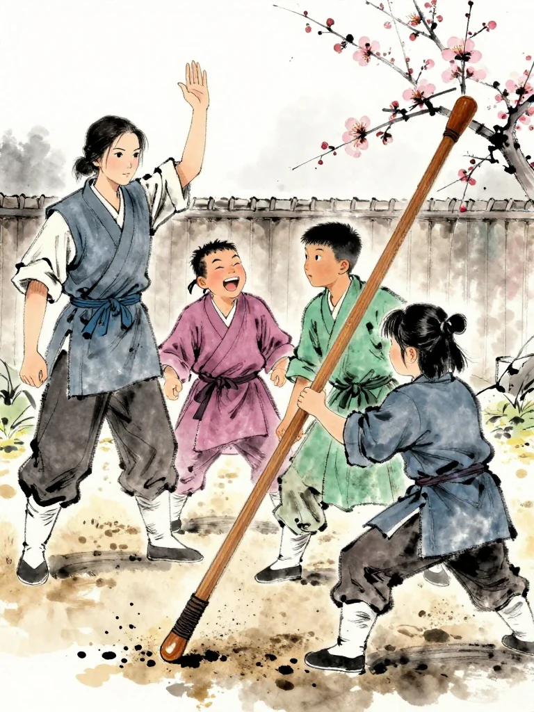 유설화 raises a decisive hand at the yard boundary while 곽준 laughs from the spectator line. 한도원 leans forward in defense of 진소운, who rises from packed earth with the worn wooden practice sword still secured. Dust coats the smaller fighter after the losing fall. Setting: 백년수련장. Visible objects: 낡은 목검.