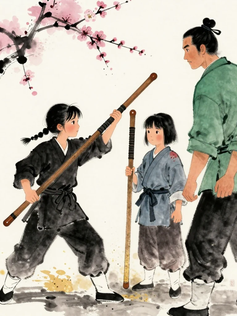 마연 lowers a wooden practice sword and delivers a firm final gesture toward 진소운. The smaller fighter stands again with a bruised shoulder and a dirt-covered worn wooden sword, while 백무한 approaches from the far edge and stops one hand short of the injury. Summer dust settles between them. Setting: 백년수련장. Visible objects: 낡은 목검.