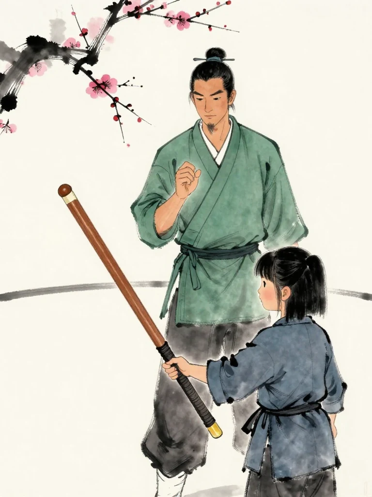 백무한 curls one finger inward and lowers the gaze when 진소운 presents the peeling grip of a worn wooden practice sword and presses a question through an unwavering stare. The empty sparring circle stretches behind them, making the brief silence feel longer than the completed match. Setting: 백년수련장. Visible objects: 낡은 목검.