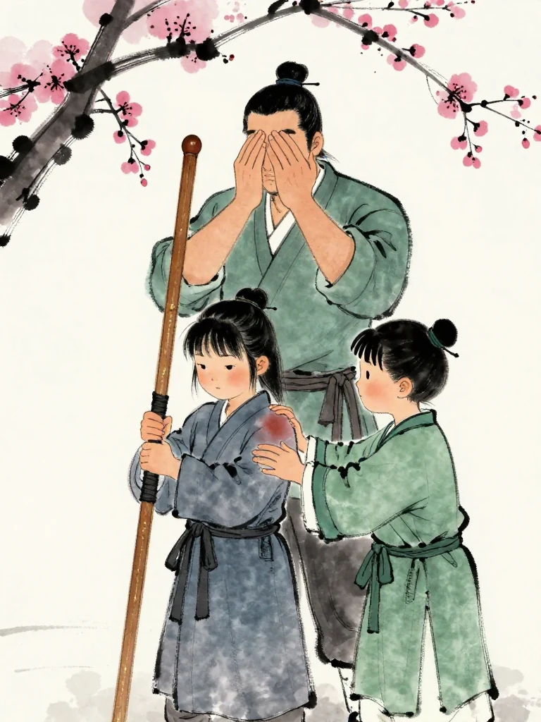 백무한 closes both eyes beneath 진소운's steady gaze. The smaller fighter hugs the dirt-covered worn wooden practice sword against a bruised shoulder, while 한도원 arrives and supports one arm from below. The three leave the sparring circle with the unanswered space held visibly between them. Setting: 백년수련장. Visible objects: 낡은 목검.