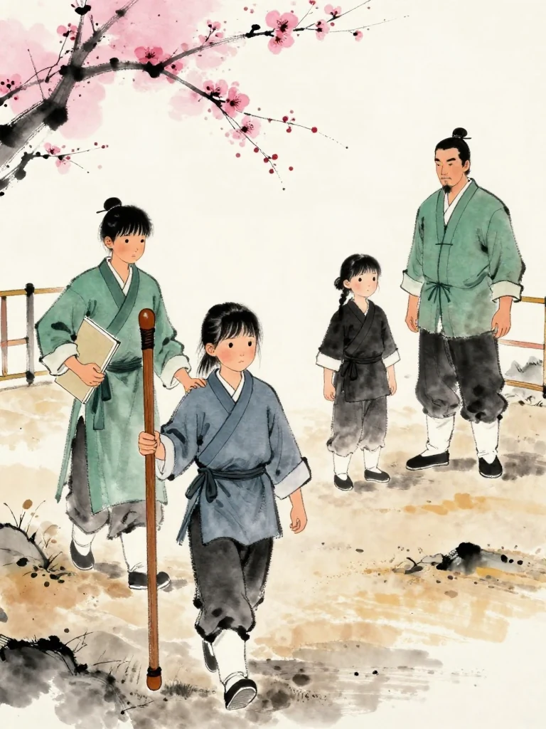 진소운 walks toward the infirmary with the worn wooden practice sword held close while 한도원 supports one elbow and carries a blank folio. 마연 remains beside the sparring circle, and 백무한 stands farther back in silence. The smaller fighter looks between both figures before continuing across dusty earth. Setting: 백년수련장. Visible objects: 낡은 목검.
