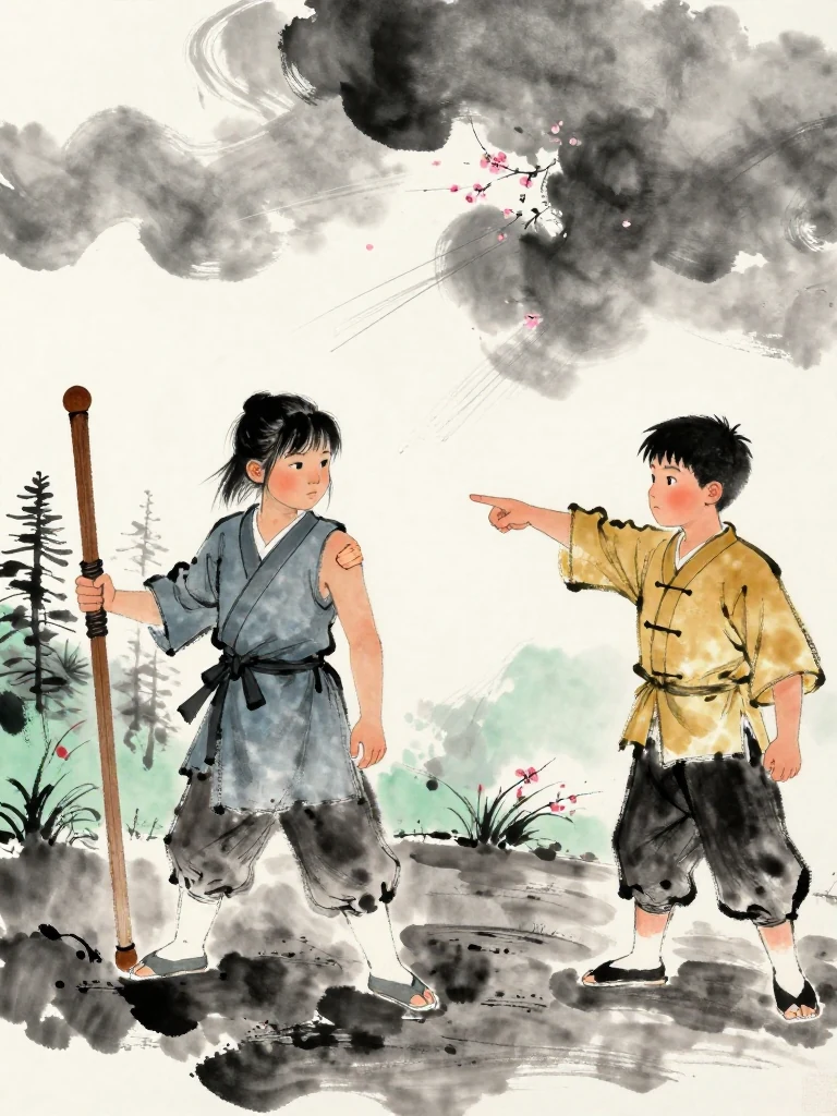 진소운 turns on the rain-dark training earth and moves a worn wooden practice sword behind one newly bandaged shoulder. 남궁린, a road-dusted visitor, points directly toward the concealed injury with an unflinching gaze. Wet footwork grooves and heavy summer clouds make the probing introduction feel immediate. Setting: 백년수련장. Visible objects: 낡은 목검.