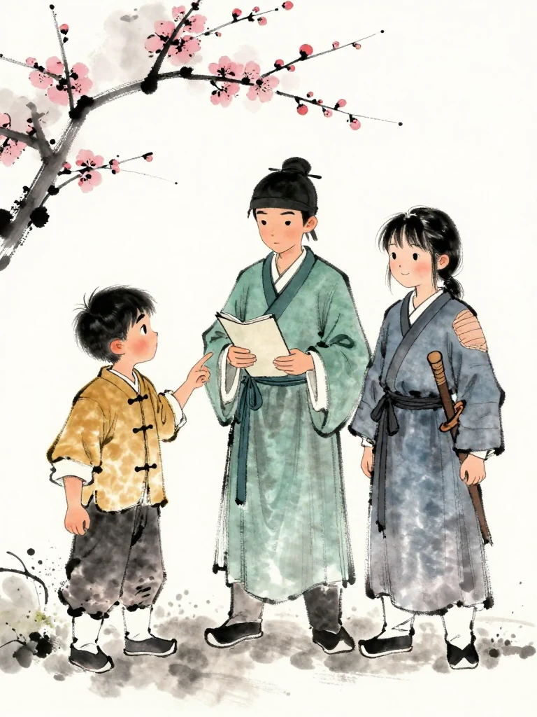 남궁린 points toward the protected side of the smaller figure's robe with precise suspicion, travel dust dried beneath both shoes. 한도원 leans close to identify the visitor, holding a small blank folio. 진소운 covers the same side with an easy smile, though the bandaged shoulder remains drawn inward. Setting: 백년수련장.