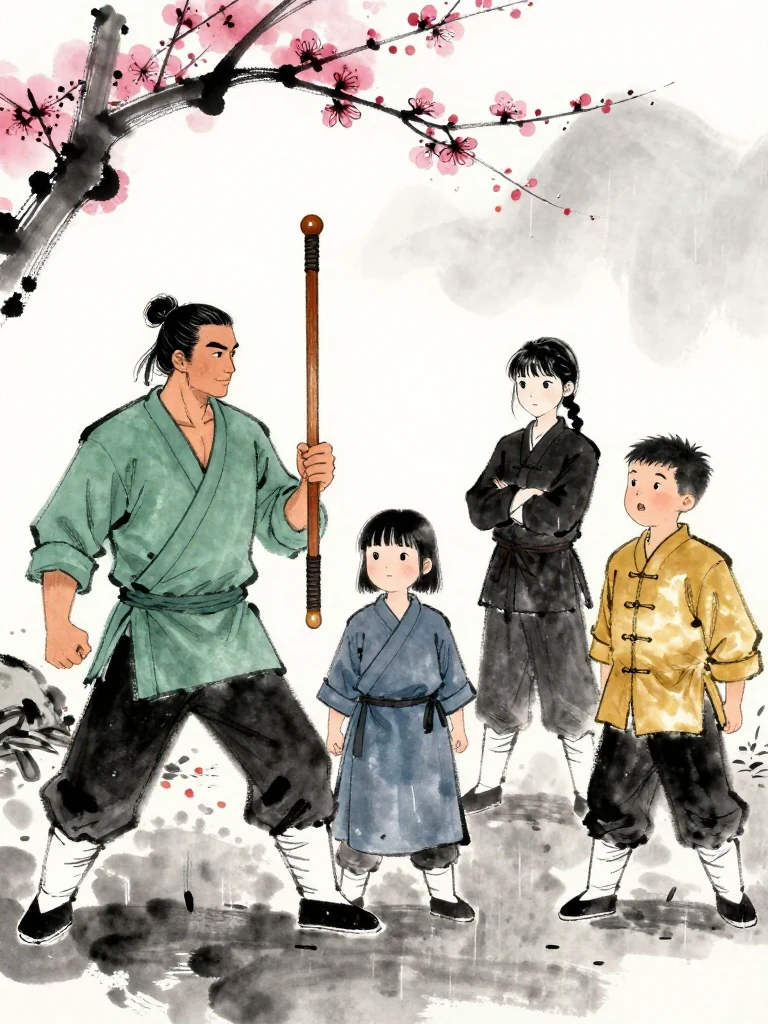 백무한 steps between the visitor and 진소운 with one hand raised. The smaller fighter brings the worn wooden practice sword forward and admits the bandaged shoulder through an open stance. 마연 arrives with folded arms, while 남궁린 studies the elder's protective movement across the rain-dark yard. Setting: 백년수련장. Visible objects: 낡은 목검.