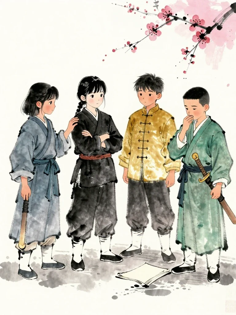 진소운 touches the bandaged shoulder and gestures toward using it again after rest. 마연 gives a small approving look with arms folded, while 남궁린 studies the unusual exchange. 한도원 suppresses a cough beside a blank folio as damp footwork grooves spread between the four figures. Setting: 백년수련장.