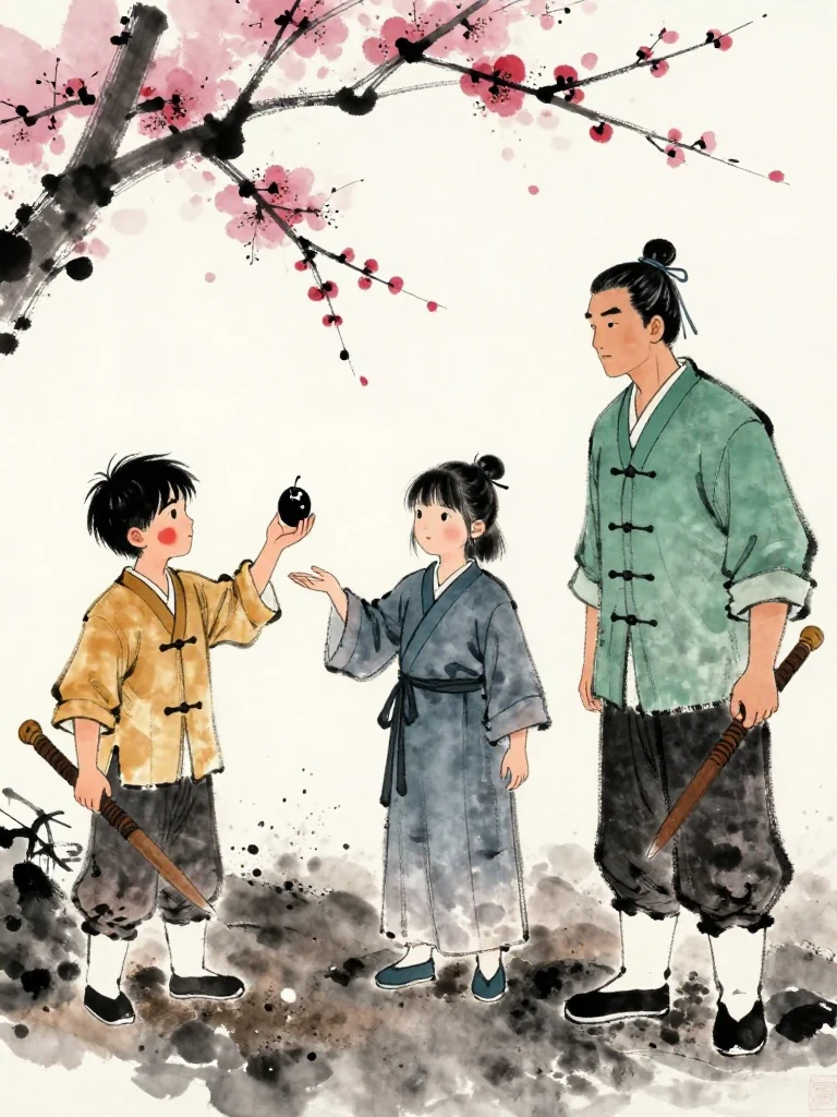 남궁린 holds up a small black plum-shaped scrap with one missing petal space and an oily edge. 진소운 reaches instinctively toward the robe, while 백무한 observes that movement and curls one finger inward. Rain-dark earth and the training wall isolate the shared recognition among all three. Setting: 백년수련장.
