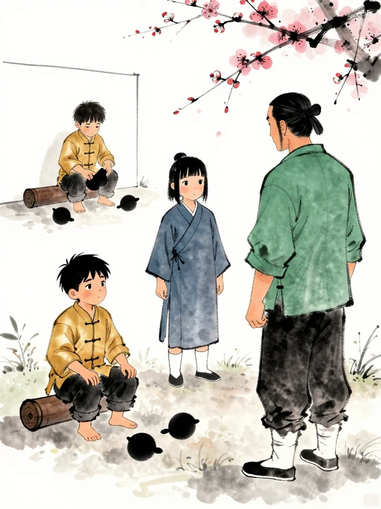 남궁린 begins folding the black plum-shaped scrap as a second matching scrap rolls from beneath the training wall. 진소운 stares from the center of the yard with one hand hovering near the robe. 백무한 faces both scraps, eyes unsettled and one finger still curled inward. Setting: 백년수련장.