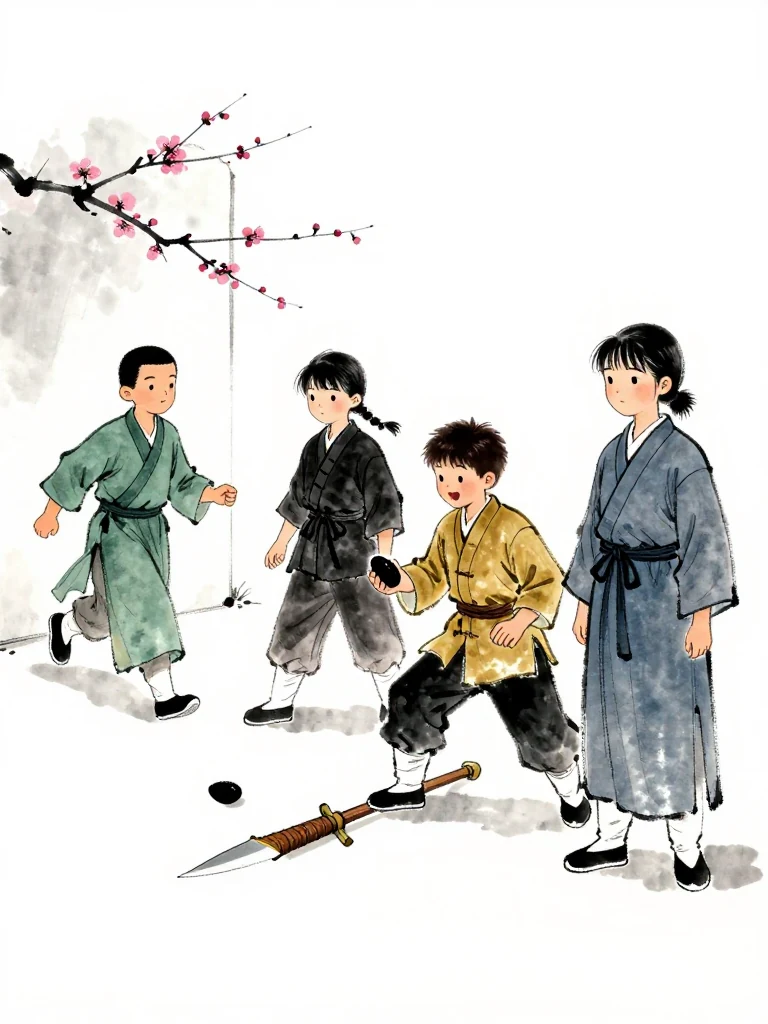한도원 runs toward the second black plum-shaped scrap beside the wall while 마연 steps down from the training line to inspect it. 남궁린 holds the first scrap low, posture suddenly guarded. 진소운 stands between them with one hand over the robe as the scattered clues converge. Setting: 백년수련장.