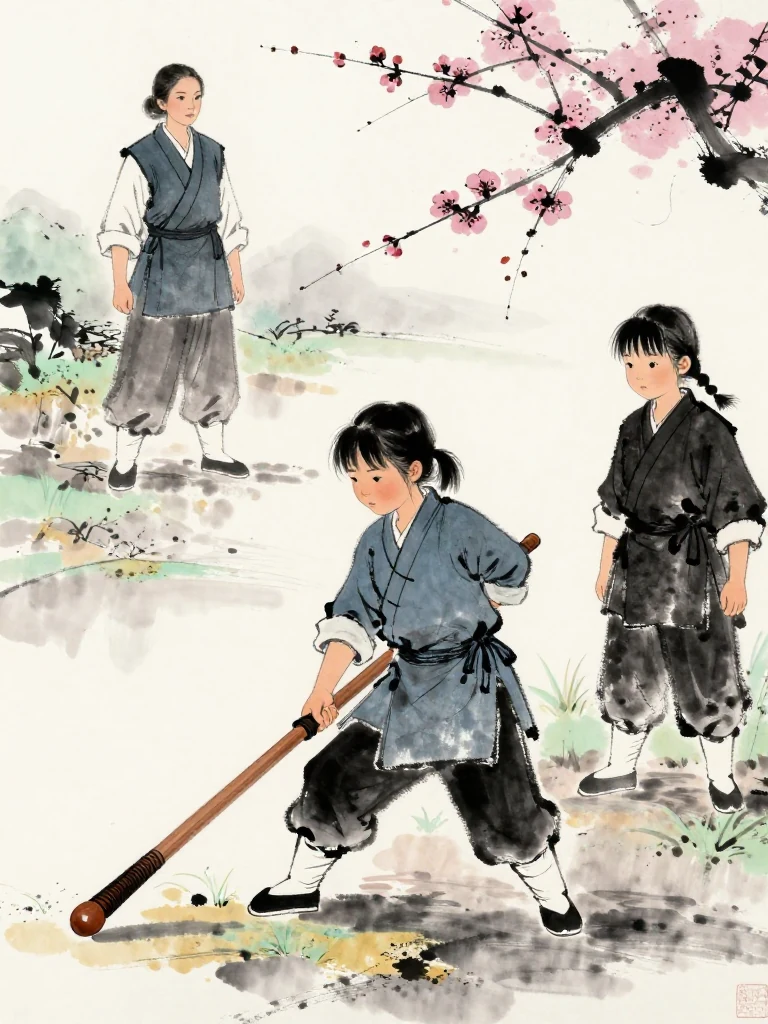 유설화 remains a firm distant presence at the yard edge while 진소운 retreats across wet earth and lowers the worn wooden practice sword into a returning stance. 마연 observes the preserved rear foot with narrowed attention. A healing shoulder pulls tight as the low wooden tip follows the movement. Setting: 백년수련장. Visible objects: 낡은 목검.