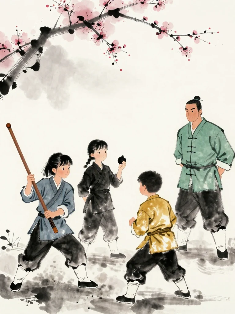 진소운 extends the worn wooden practice sword from a guarded returning stance while 마연 studies the balanced feet. 남궁린 smiles faintly at the tactic, still holding the black plum-shaped scrap. 백무한 starts one step toward the smaller fighter and freezes, the halted movement caught across wet earth. Setting: 백년수련장. Visible objects: 낡은 목검.