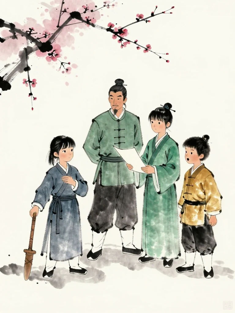 진소운 presses one hand over the concealed tally beneath the robe and keeps a level gaze on 백무한. 한도원 offers a thin blank folio from beside the training line, while 남궁린 retains the black plum-shaped scrap. The elder's halted posture leaves every question physically suspended. Setting: 백년수련장.