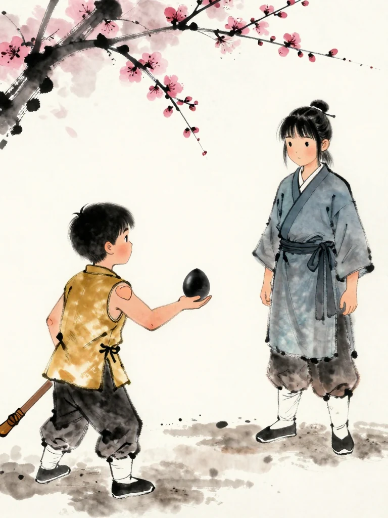 남궁린 extends the black plum-shaped scrap directly toward 진소운 instead of the elder waiting beyond the sparring circle. The smaller figure accepts it with a cautious open palm, bandaged shoulder lowered beneath the exchange. Wet earth, a blank folio, and the training wall frame the transfer of responsibility. Setting: 백년수련장.