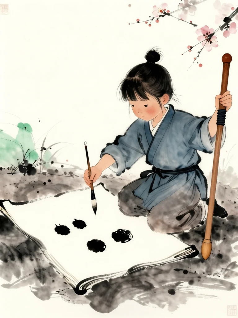 진소운 kneels beside a blank folio with a brush poised above three abstract wet ink pools and the black plum-shaped scrap held safely between its folds. The smaller fighter then raises the worn wooden practice sword over rain-dark earth, preserving the questions through deliberate preparation rather than an imagined companion. Setting: 백년수련장. Visible objects: 낡은 목검.