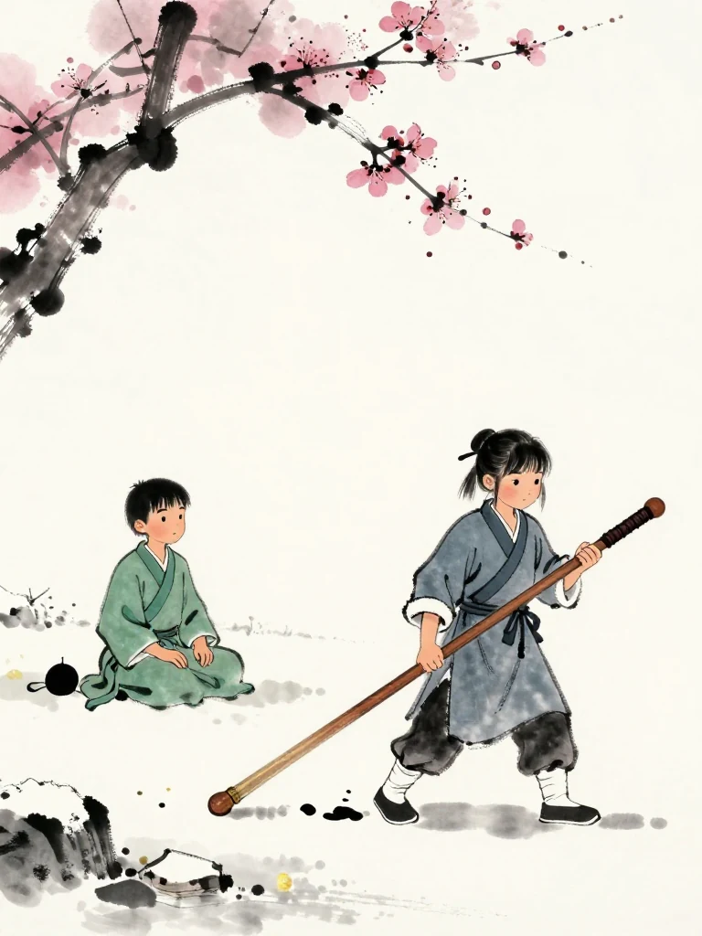 한도원 sits beside a blank folio and a black plum-shaped scrap at the snowy yard edge while 진소운 lowers the worn wooden practice sword and retreats through a broken sequence. First snow clings to the boundary stones as a heated ankle and shortened breath interrupt the returning step. Setting: 백년수련장. Visible objects: 낡은 목검.