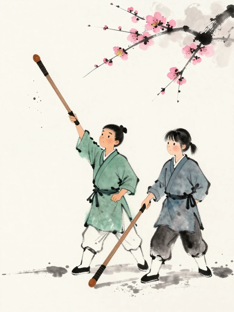 한도원 lifts a brush above clustered ink dots on a blank folio while 진소운 attempts the connection again. The worn wooden practice sword falls low and follows the returning foot a fraction late, with first snow, deepening footwork grooves, and a tense ankle framing persistence rather than simple failure. Setting: 백년수련장. Visible objects: 낡은 목검.