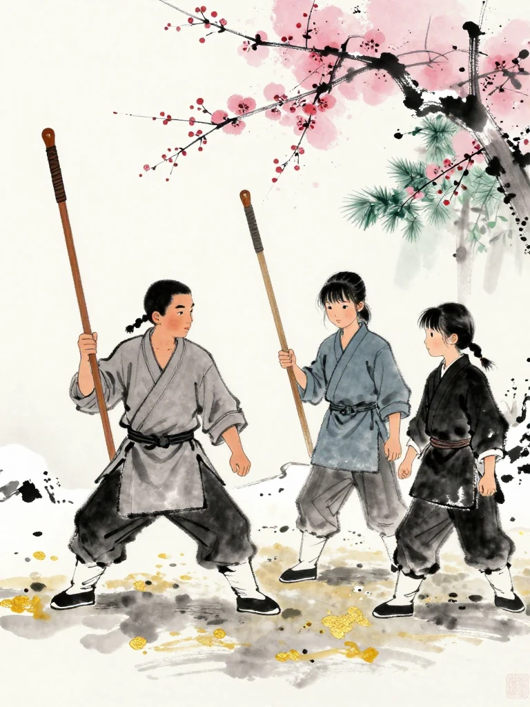 임도혁 arrives with a long wooden practice sword resting at one shoulder and settles into a broad stance. 진소운 lowers the shorter worn wooden sword after another broken connection, while 마연 studies the footwork from nearby. First snow rims the yard as all three compare weight and stopping distance. Setting: 백년수련장. Visible objects: 낡은 목검.