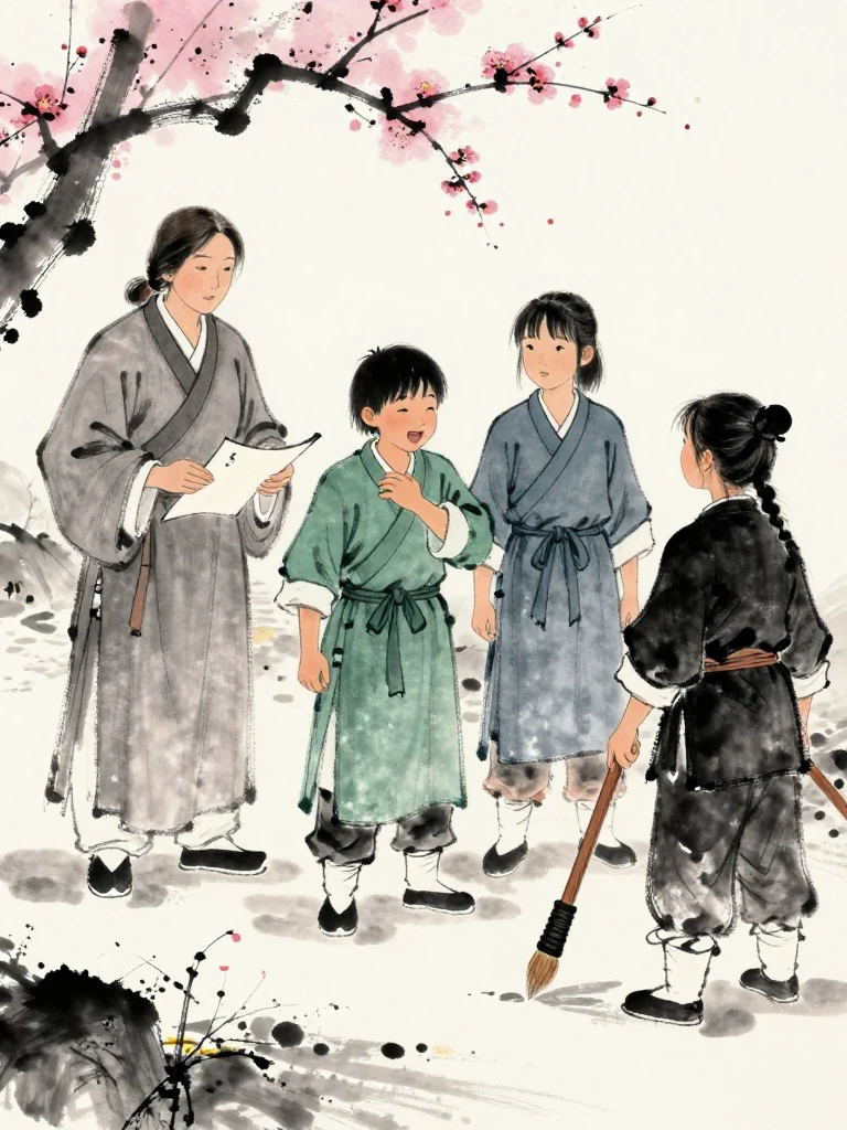 서미진 approaches from the infirmary path as 한도원 adds a small ink dot to a blank folio. 진소운 laughs, then catches the sore shoulder with one hand. 마연 turns a sharp look toward the brush. First snow and dark training earth surround the compact group. Setting: 백년수련장.