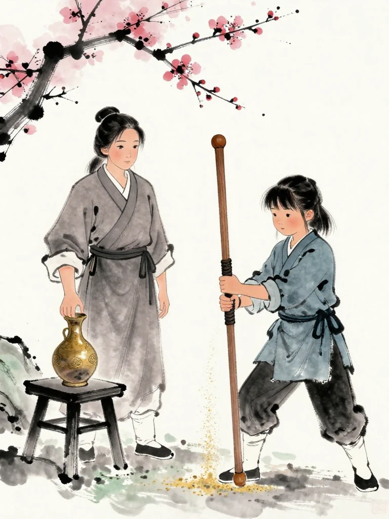 서미진 places a small twin-bulb sand vessel on a low stool and raises one stopping hand. 진소운 grips the worn wooden practice sword with immediate readiness, then indicates the heated ankle, dull shoulder, and shortened breath through clear touches. Fine sand begins to fall beside the first snow. Setting: 백년수련장. Visible objects: 낡은 목검.