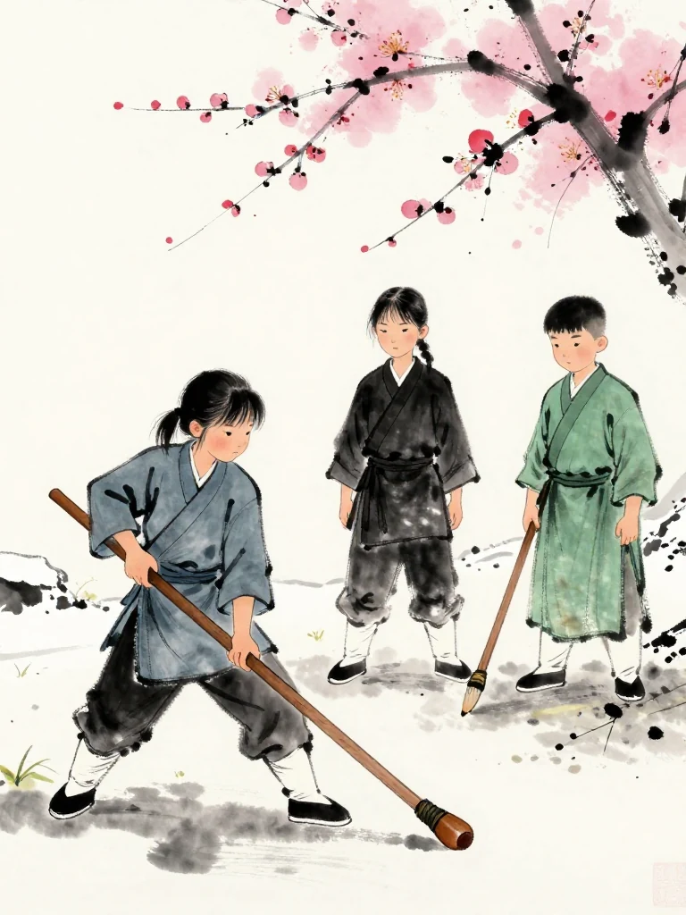 진소운 draws a deep breath, retreats one foot, lowers the worn wooden practice sword, and wraps the returning step forward until weapon and foot align. 마연 narrows both eyes at the unbroken connection, while 한도원 freezes a brush above the blank folio. First snow brightens the yard edge. Setting: 백년수련장. Visible objects: 낡은 목검.