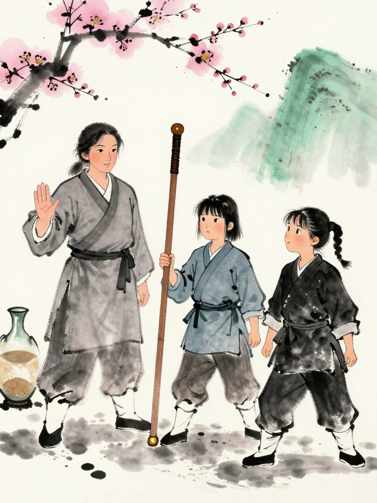 서미진 extends a firm stopping palm from beside the half-filled twin-bulb sand vessel. 진소운 halts at once and lowers the worn wooden practice sword as breath shortens, while 마연 studies the obedient pause with raised brows. First snow and dark earth sharpen the choice to preserve strength. Setting: 백년수련장. Visible objects: 낡은 목검.