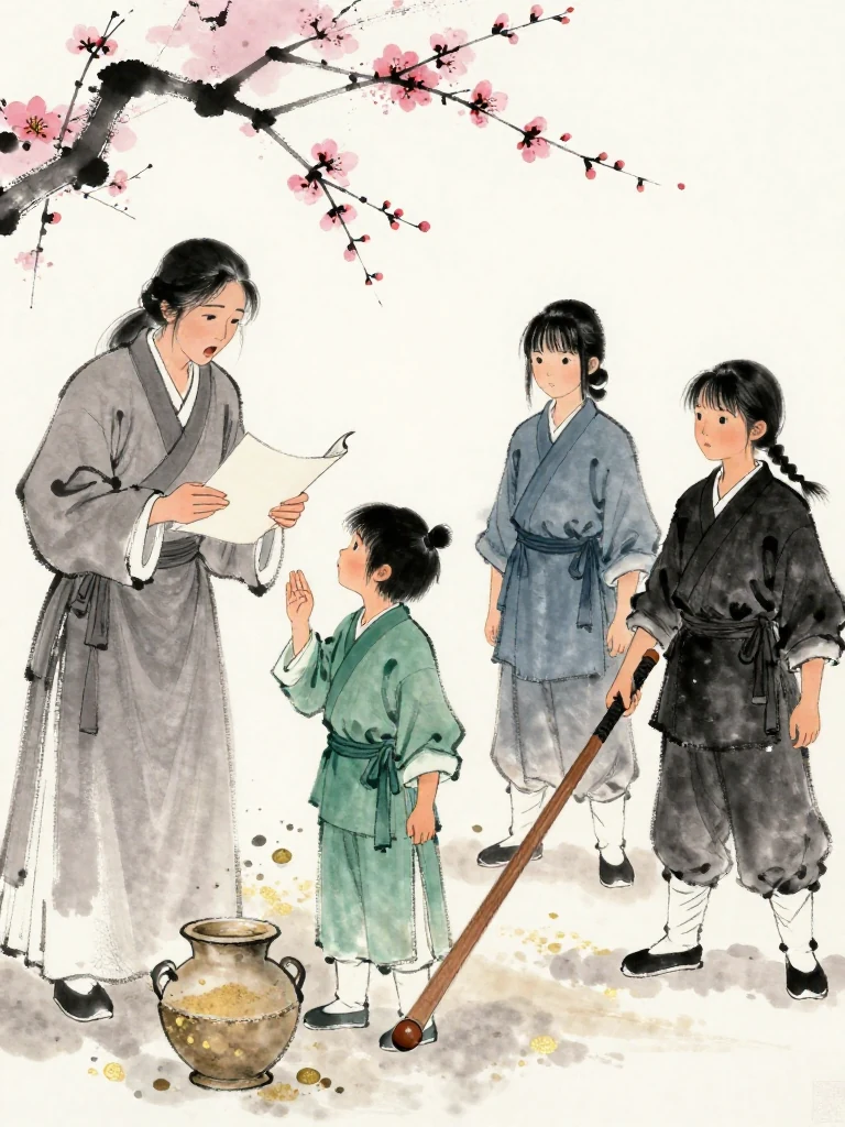 서미진 reaches toward the smaller fighter's trembling fingertips beside the half-filled sand vessel. 한도원 holds a blank folio close and draws one startled breath. 진소운 lowers the worn wooden practice sword as the hand continues shaking, while 마연 stands silent across from the exhausted stance. First snow frames the strict limit. Setting: 백년수련장. Visible objects: 낡은 목검.