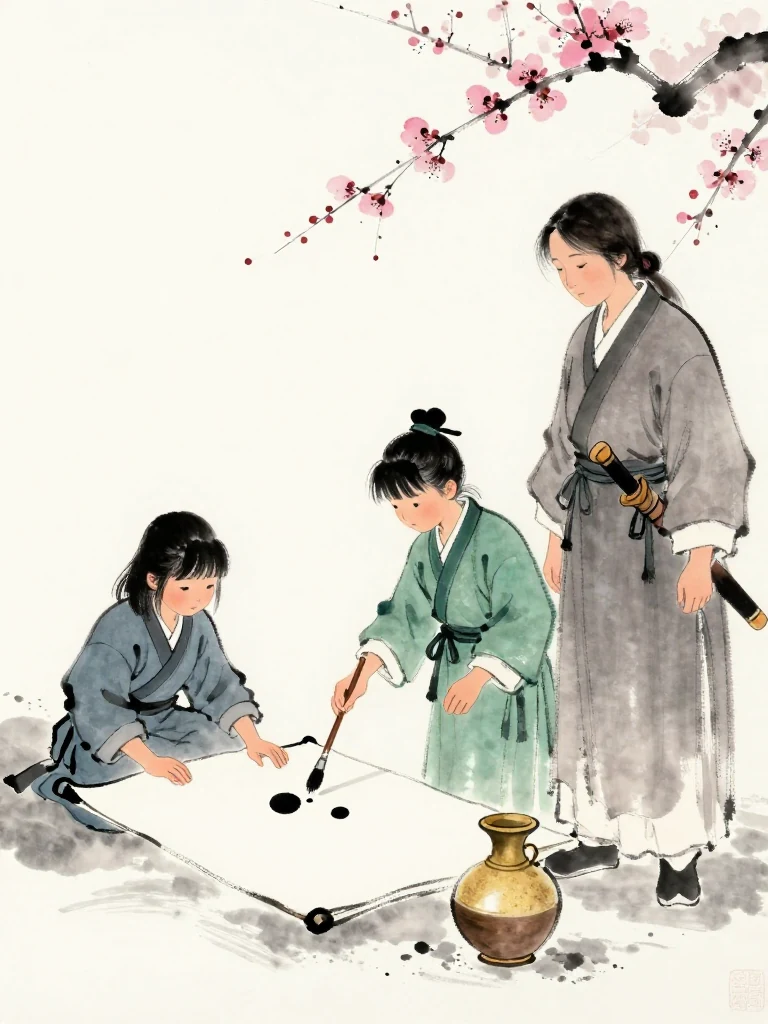 진소운 studies the black plum-shaped scrap lying between folds of a blank folio. 한도원 slides the folio closer and adds three grouped ink dots with a brush, while 서미진 keeps one hand beside the exhausted fighter's wrist. First snow and a half-filled sand vessel make the coming choice tangible. Setting: 백년수련장.
