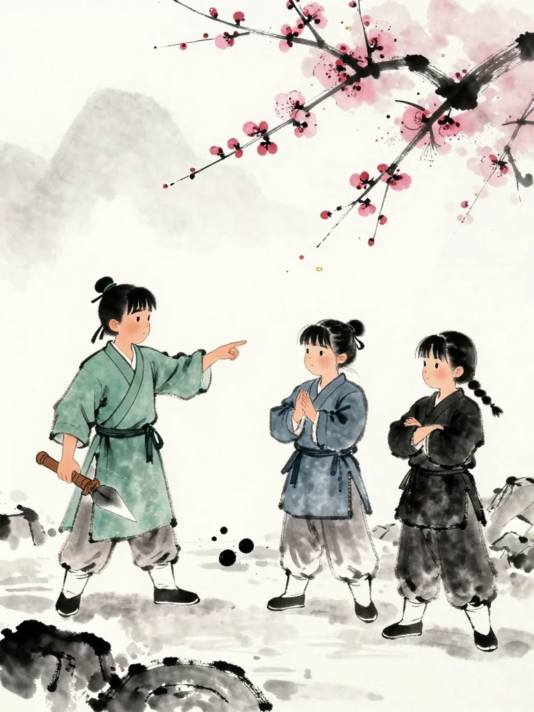 한도원 points to one dark ink cluster on the blank folio while 진소운 considers a patient defensive stance. 마연 folds both arms and directs the smaller fighter toward endurance rather than deception. The trembling hand rests beside the black plum-shaped scrap as first snow gathers along the training stones. Setting: 백년수련장.