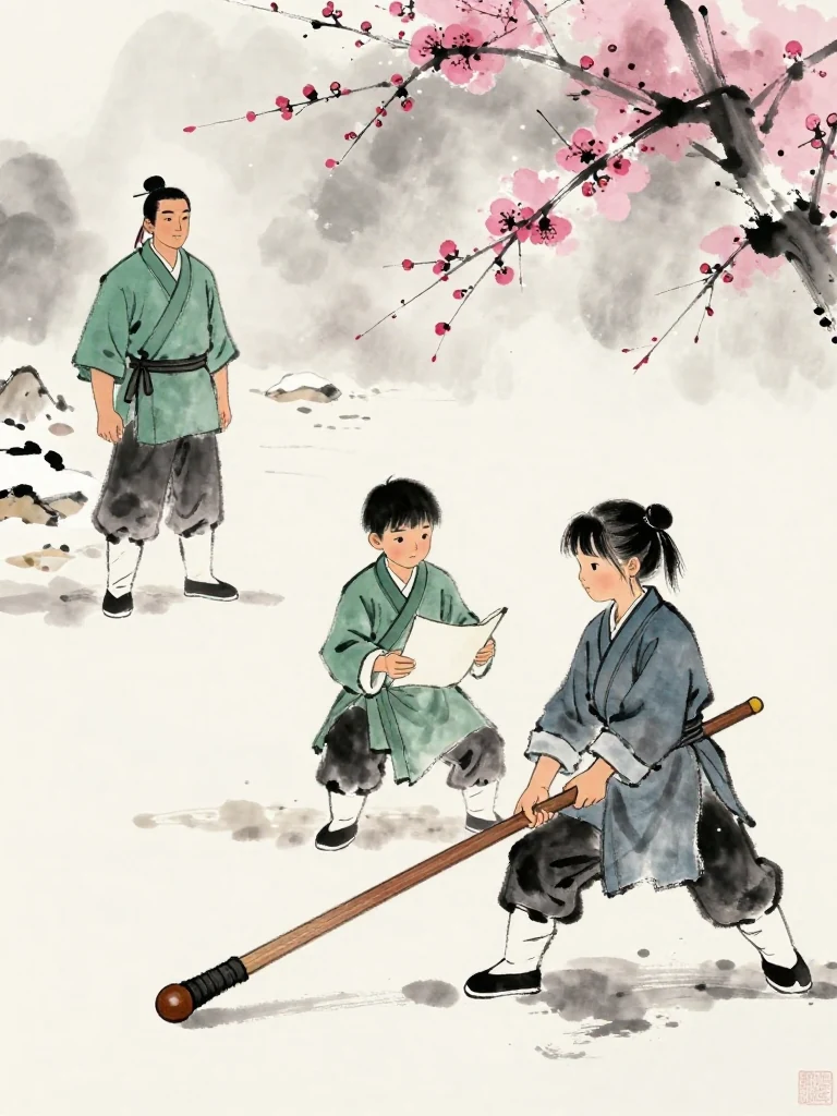백무한 observes from a distant snowy edge of the yard while 한도원 steadies a blank folio against one knee. 진소운 matches a thumb to the peeled groove of the worn wooden practice sword and settles into a long waiting stance. Cold breath and scattered snow emphasize strength held in reserve. Setting: 백년수련장. Visible objects: 낡은 목검.