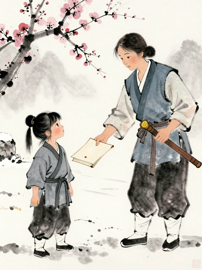 진소운 looks up from the practice line as 유설화 enters the snowy yard carrying a sealed pale folio with a bright red wax impression. The formal instructor extends it toward the smaller fighter, whose candidate belt and stunned posture make the special tournament entry feel provisional, earned, and physically real. Setting: 백년수련장.