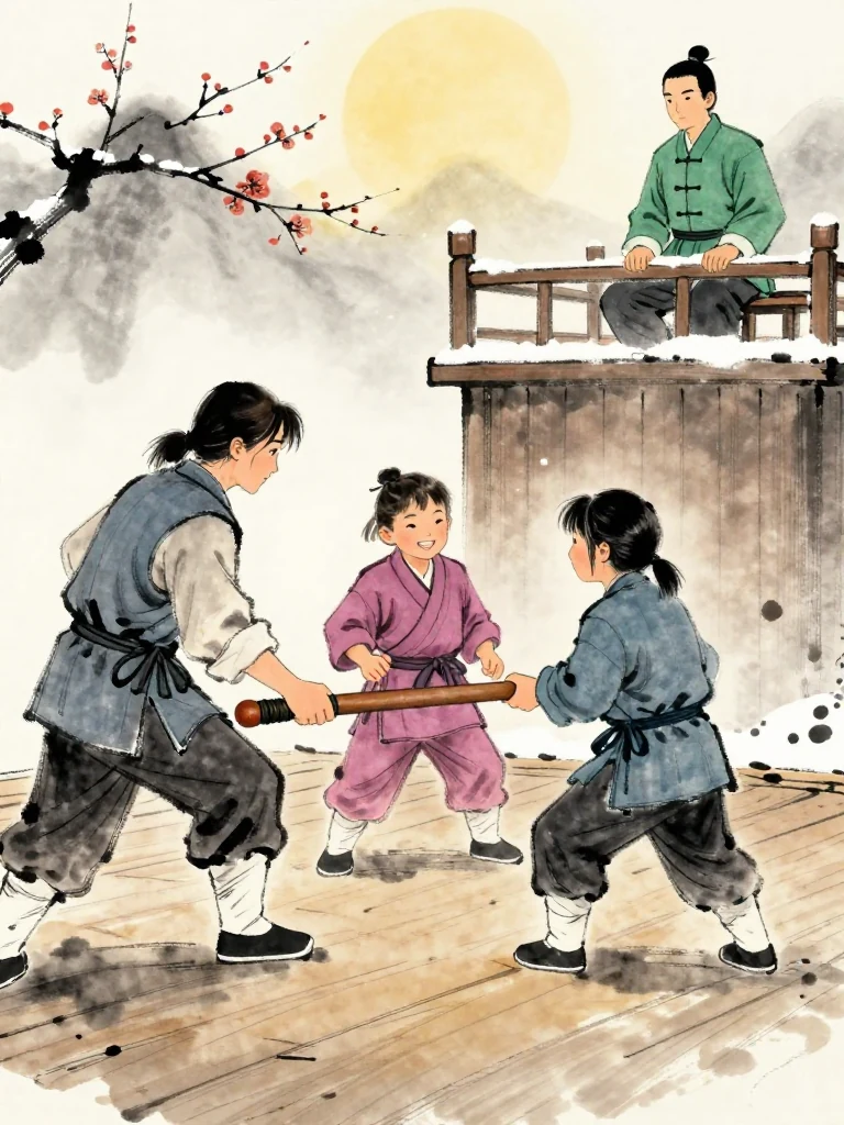 유설화 lowers one hand to begin the preliminary bout while 곽준 grins across the wooden stage at 진소운, who sets a thumb into the peeled grip of a worn wooden practice sword. 권태상 observes from the high judge's seat as first snow rims the white boundary. Setting: 매화비무대. Visible objects: 낡은 목검.