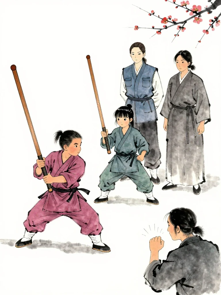 곽준 advances with a broad wooden practice sword sweep that closes the retreating space around 진소운. The smaller fighter catches the low attack on a worn wooden sword as 유설화 observes from center stage. 서미진 studies the strained wrist and breath from below the boundary. Setting: 매화비무대. Visible objects: 낡은 목검.