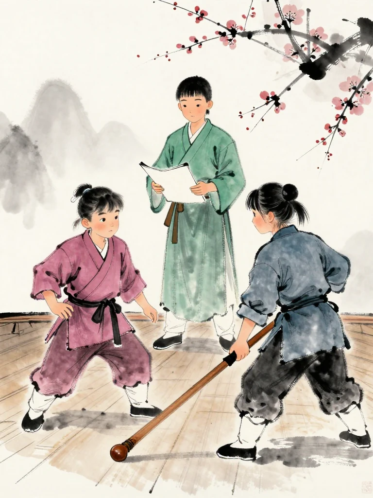 곽준 presses forward across the cold wooden stage while 한도원 grips a blank folio beneath the boundary and leans toward the action. 진소운 lowers the worn wooden practice sword and chooses a guarded retreat, recalling the final dark ink cluster through a steady gaze rather than spending full force. Setting: 매화비무대. Visible objects: 낡은 목검.